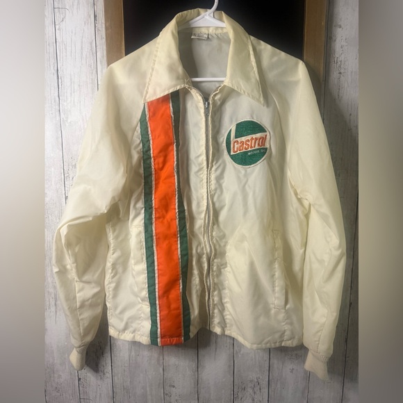 Vintage Men’s  Castrol Motor Oil White w/Orange Green Stripes Zipper Jacket L - Picture 1 of 12